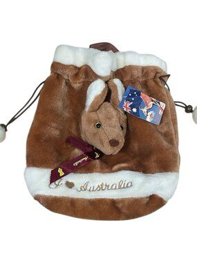 Kangaroo Plush Drawstring Bucket Bag Purse Pom Poms Australia Kids Pouch